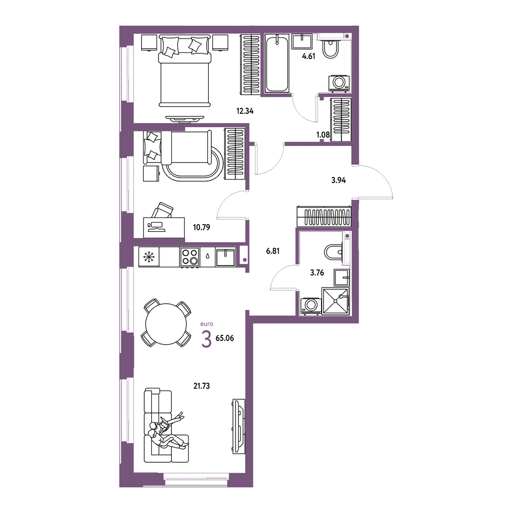 Планировка: Домашний 3-комнатная 65,06м²