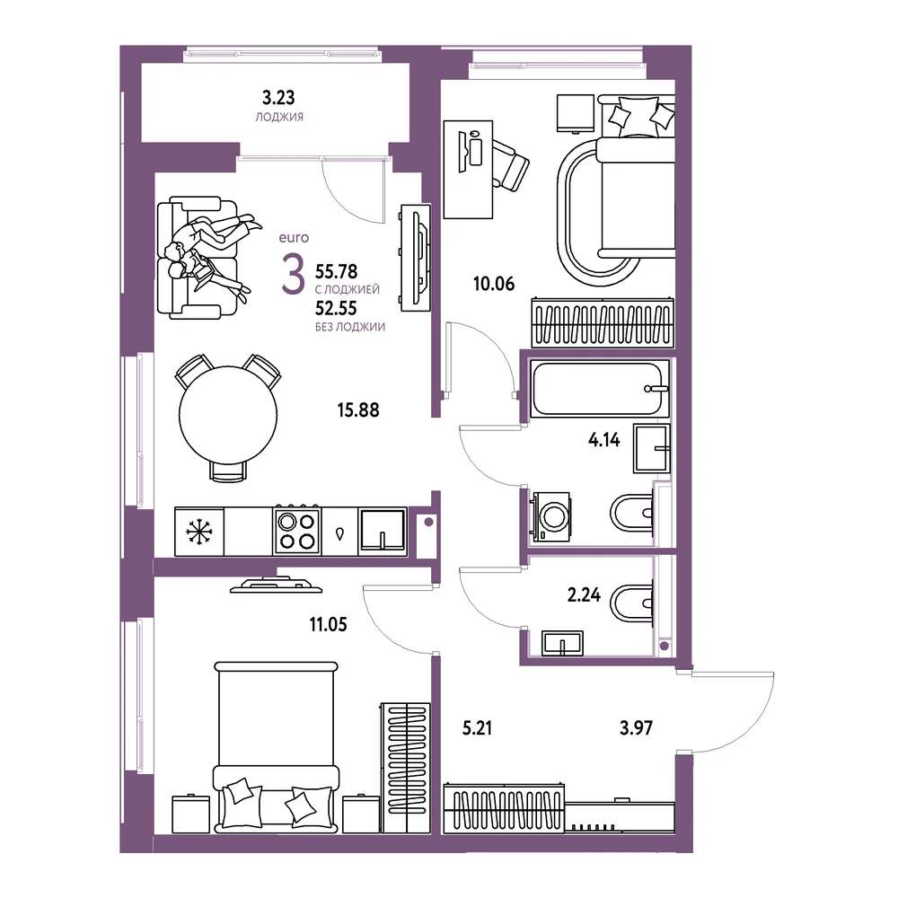 Планировка: Домашний 3-комнатная 55,78м²