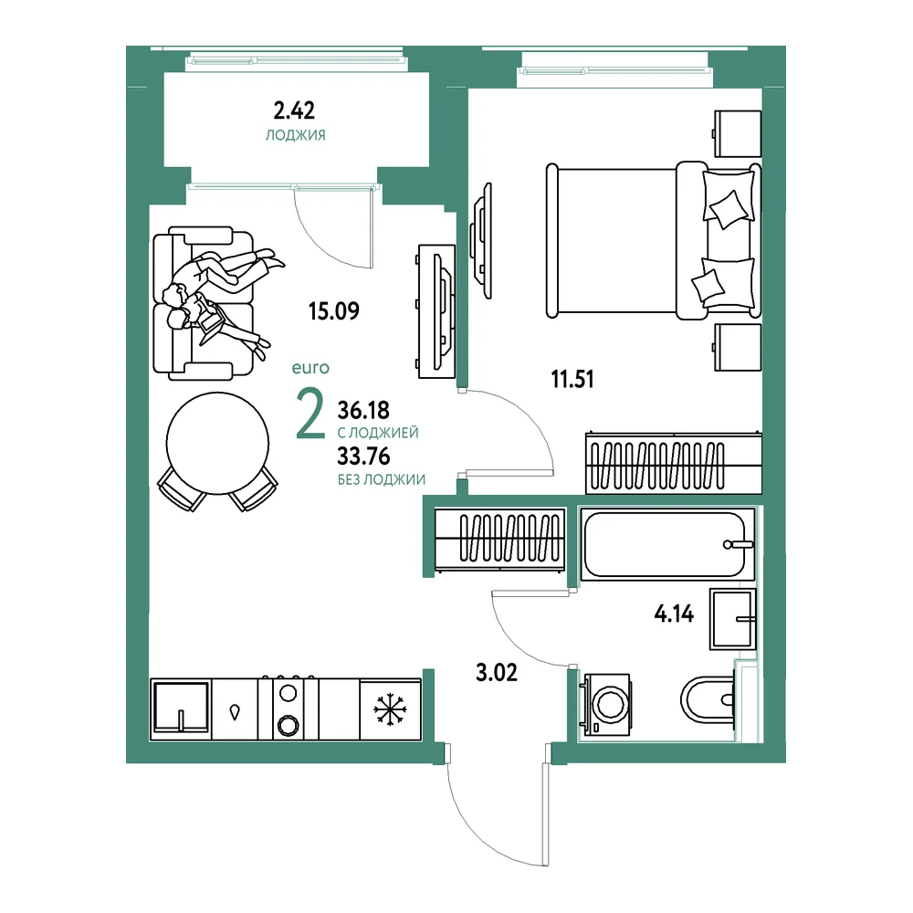 Планировка: Домашний 2-комнатная 36,18м²