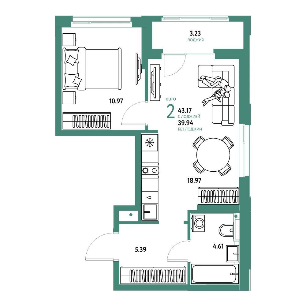 Планировка: Домашний 2-комнатная 43,17м²