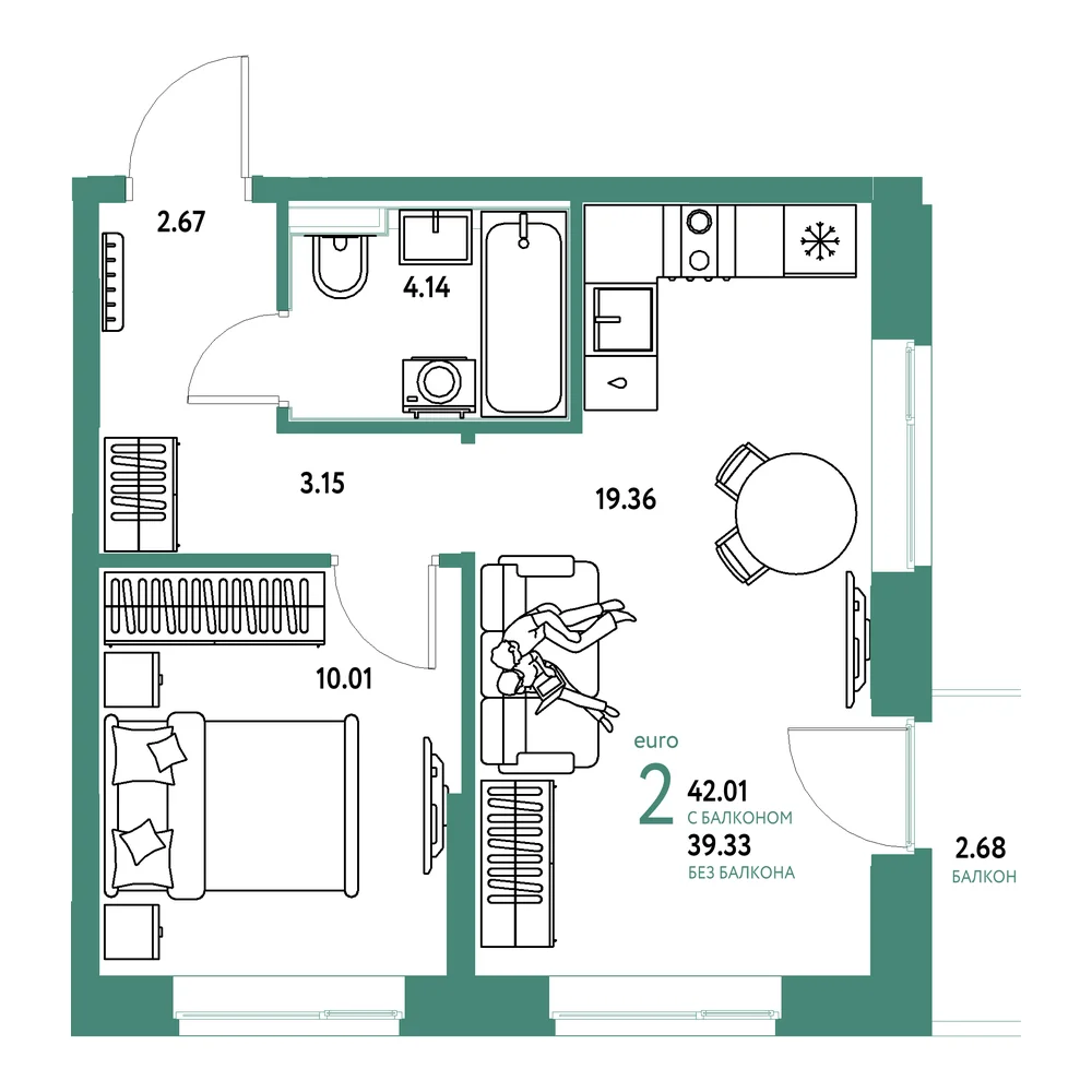Планировка: Домашний 2-комнатная 42,01м²