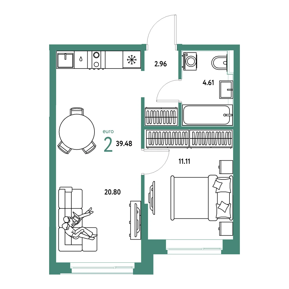 Планировка: Домашний 2-комнатная 39,48м²