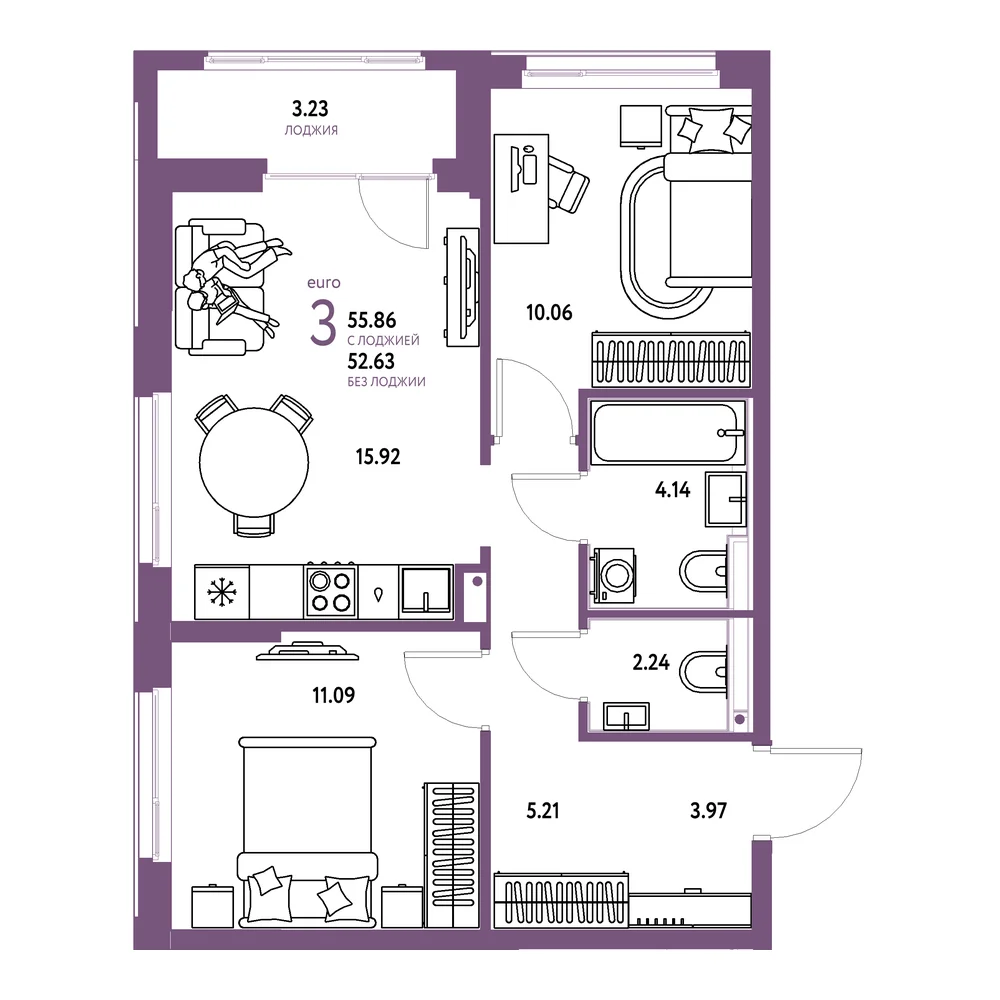 Планировка: Домашний 3-комнатная 55,86м²