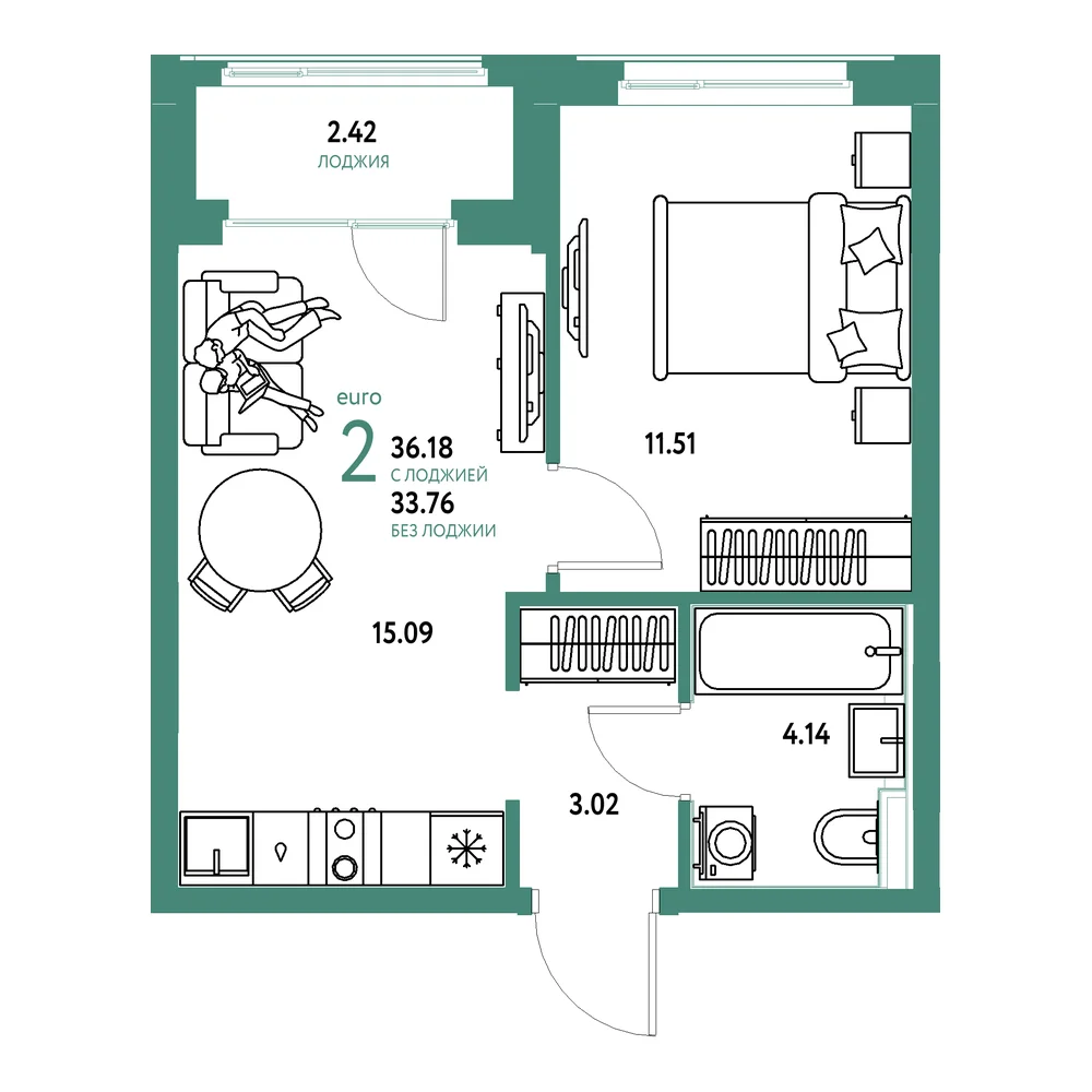 Планировка: Домашний 2-комнатная 36,18м²