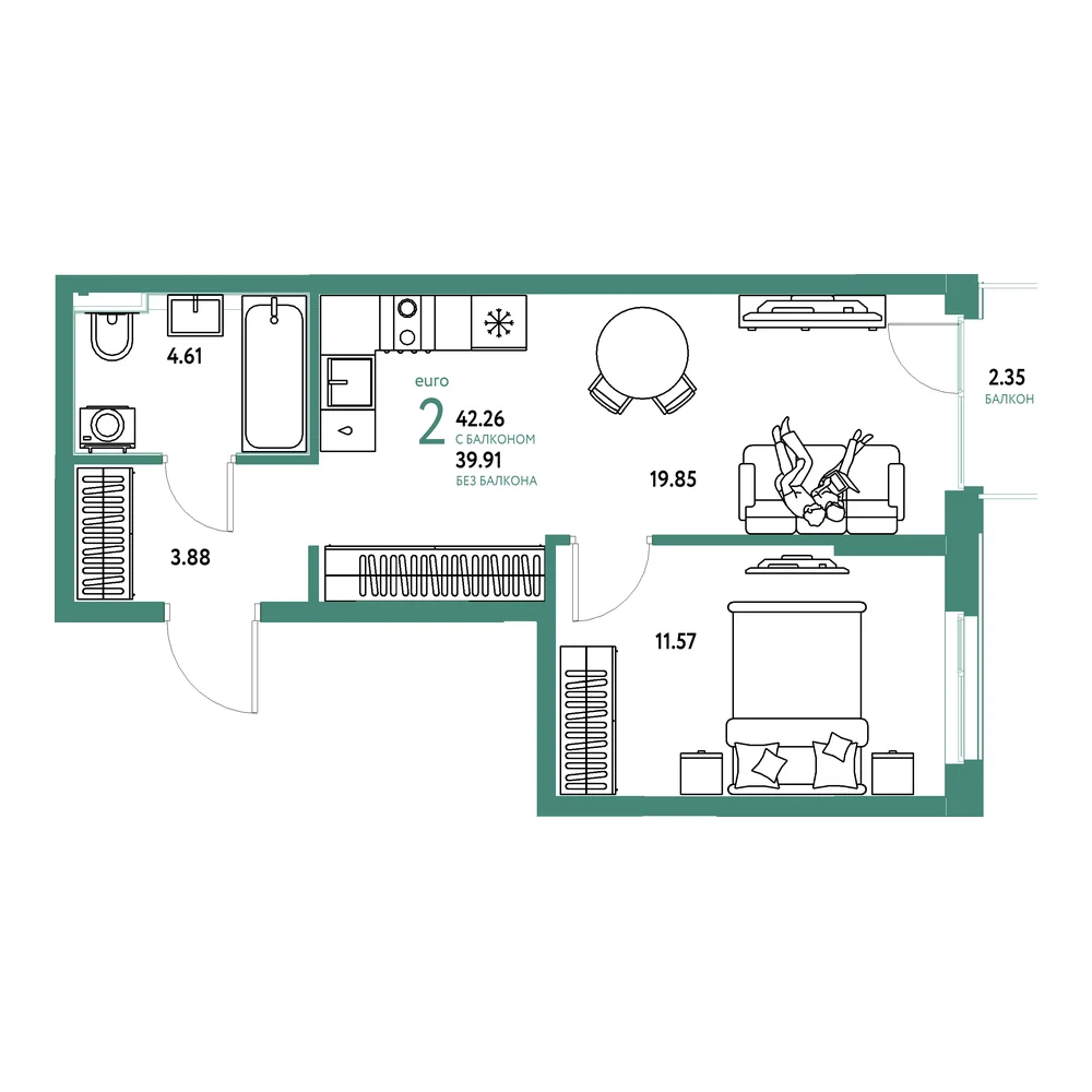 Планировка: Домашний 2-комнатная 42,26м²