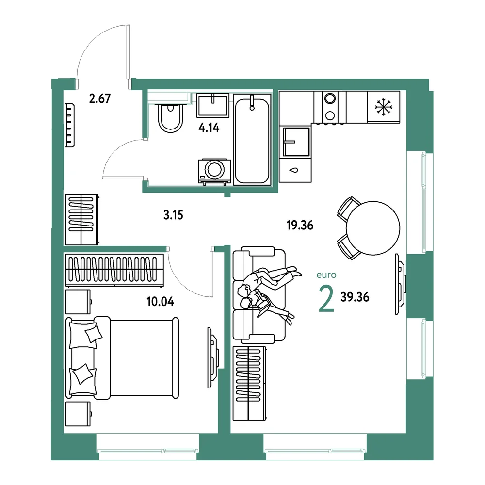 Планировка: Домашний 2-комнатная 39,36м²
