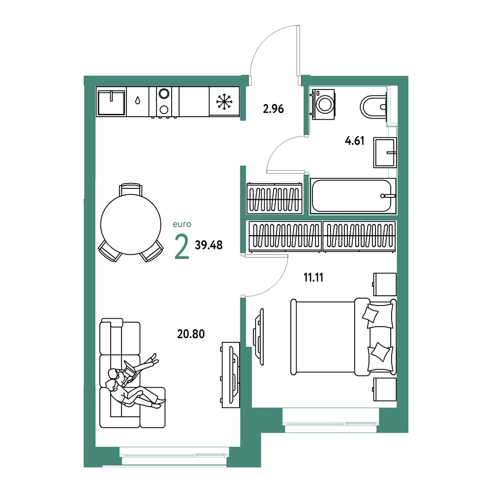 Планировка: Домашний 2-комнатная 39,48м²