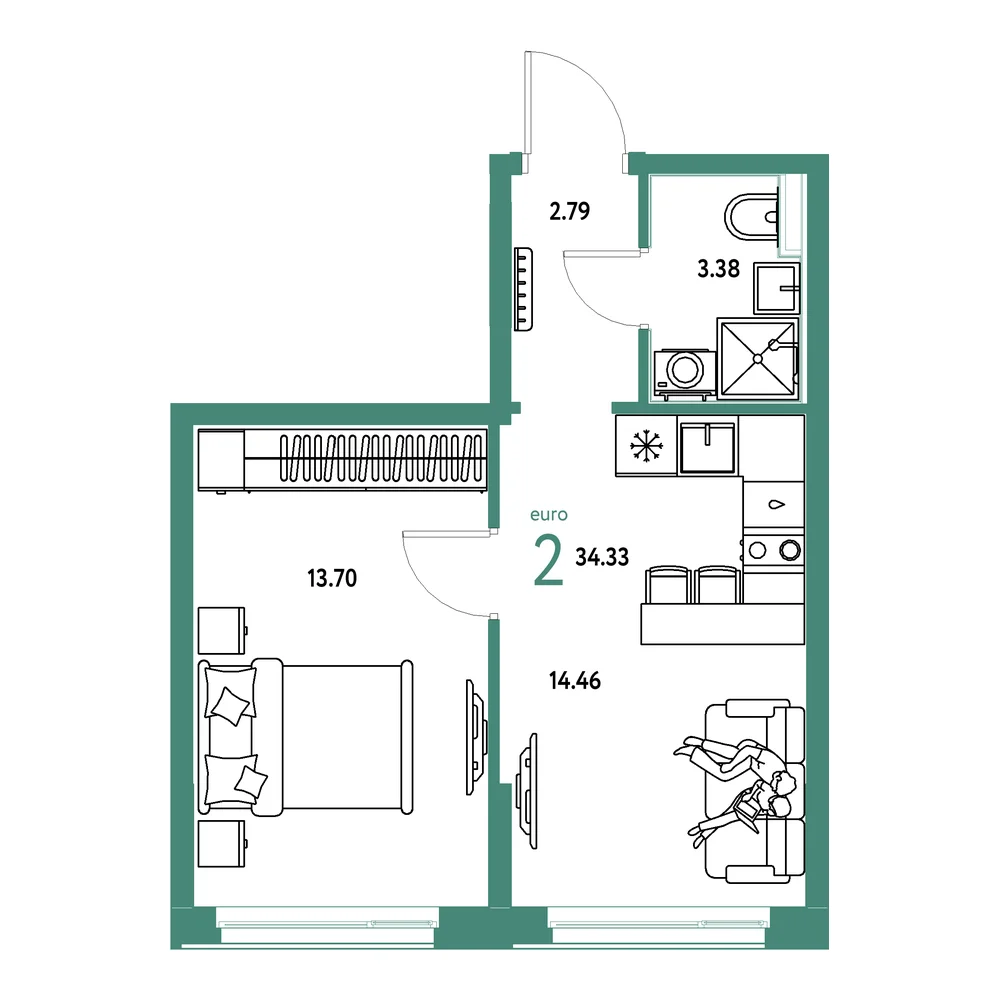 Планировка: Домашний 2-комнатная 34,33м²