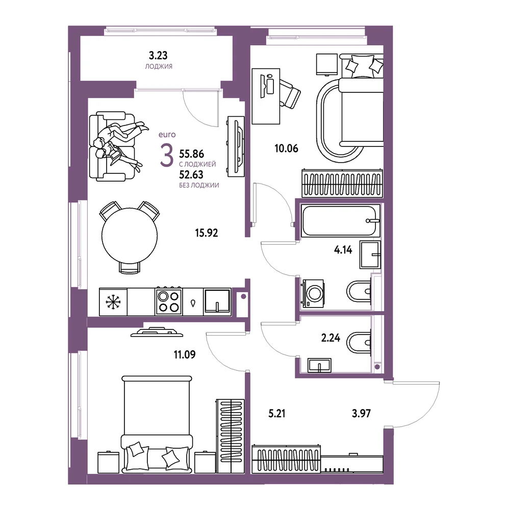 Планировка: Домашний 3-комнатная 55,86м²