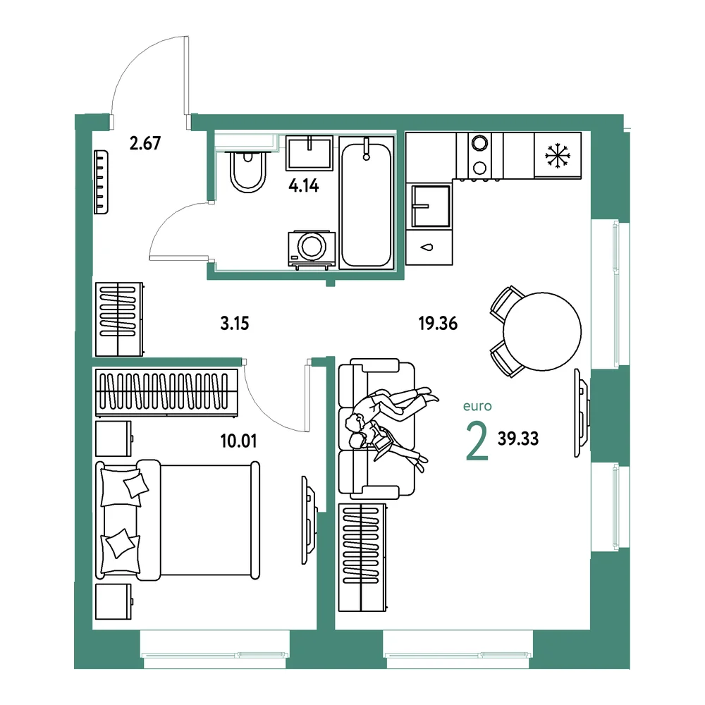 Планировка: Домашний 2-комнатная 39,33м²