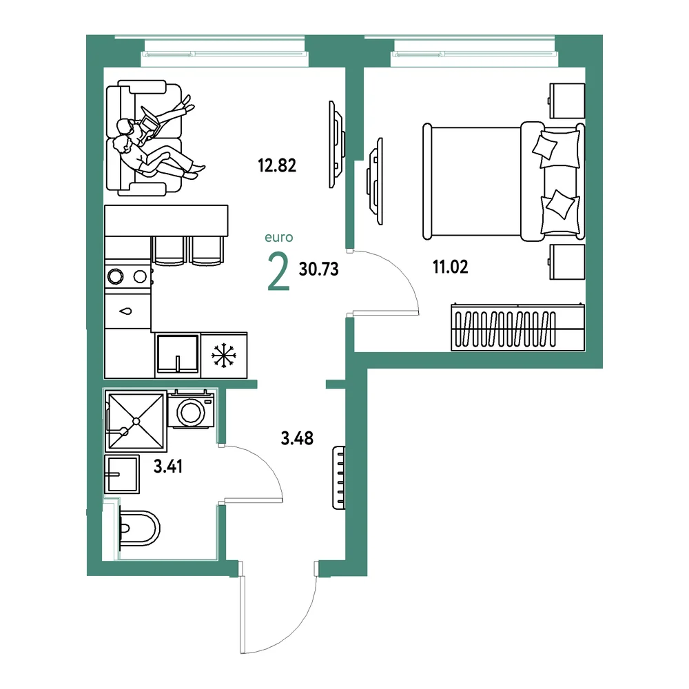 Планировка: Домашний 2-комнатная 30,73м²