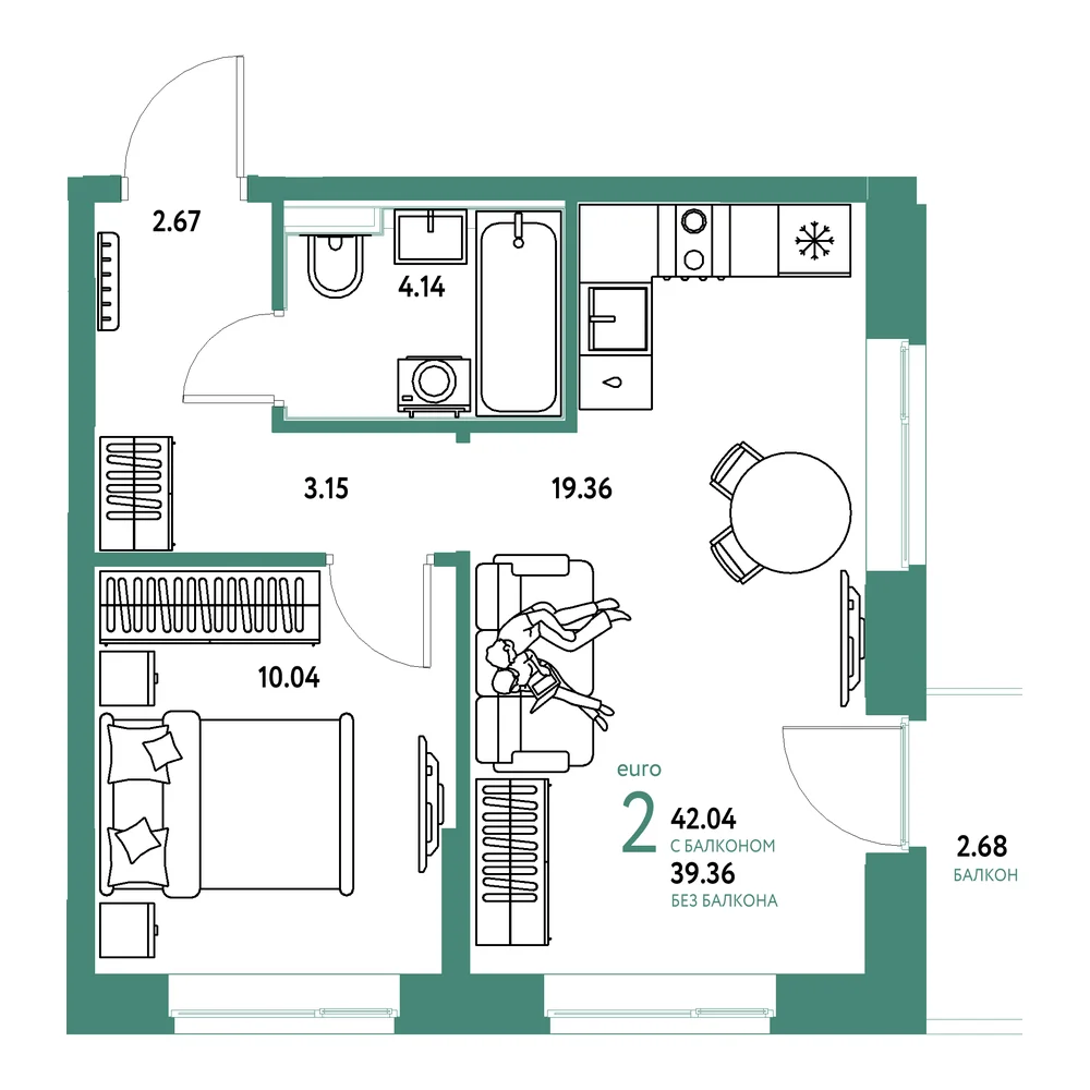 Планировка: Домашний 2-комнатная 42,04м²