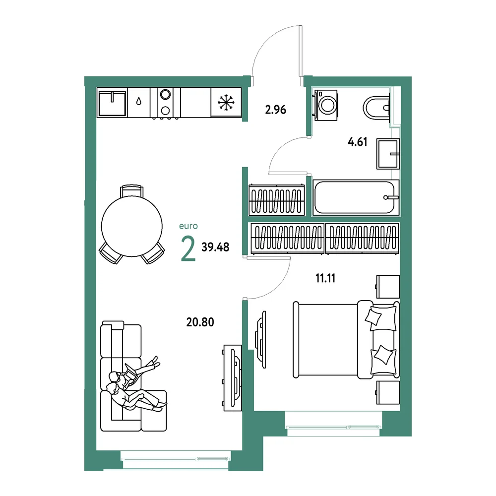 Планировка: Домашний 2-комнатная 39,48м²