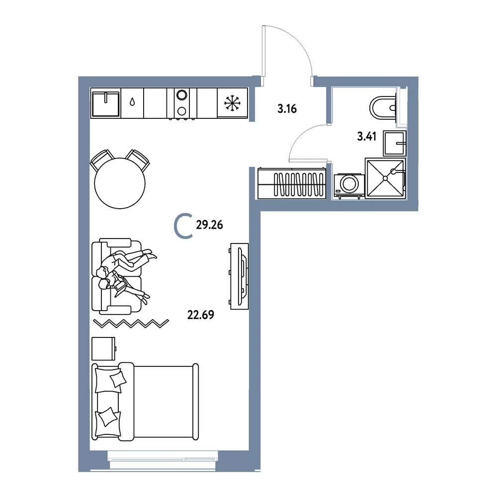 Планировка: Домашний Студия 29,26м²