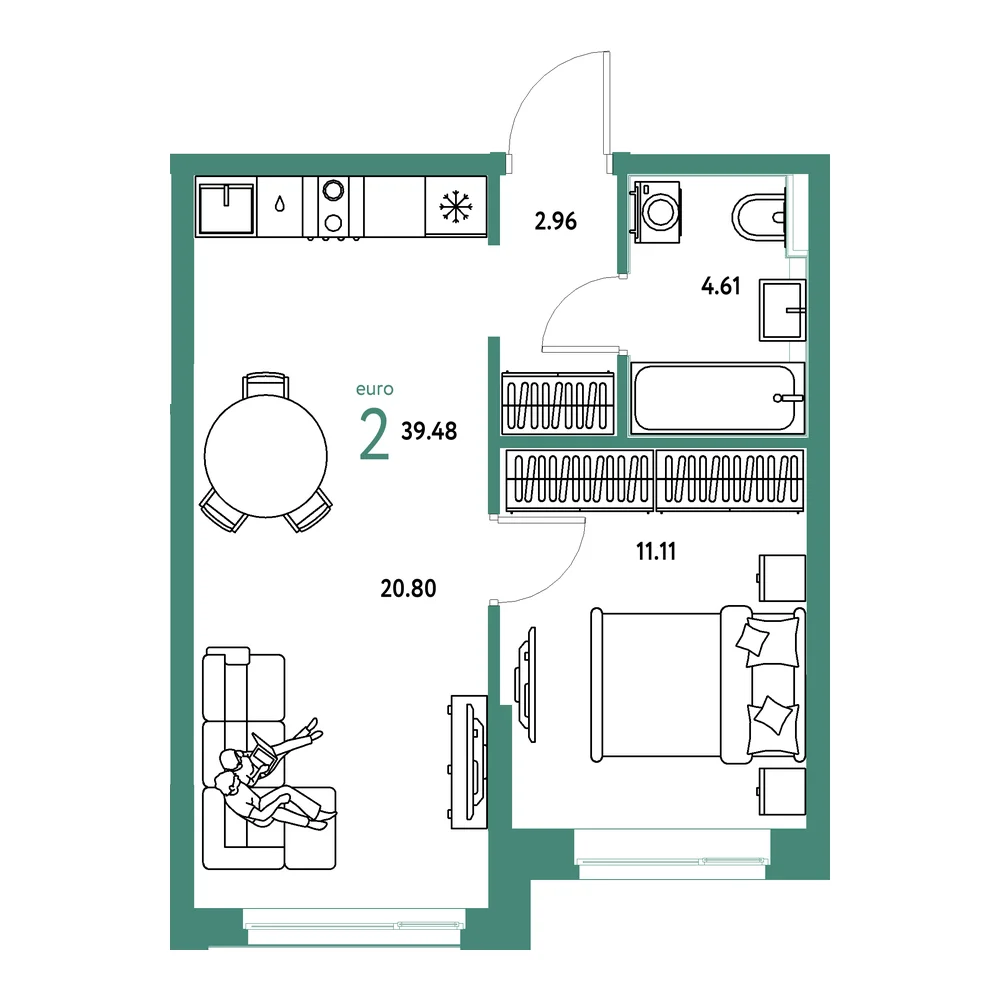 Планировка: Домашний 2-комнатная 39,48м²