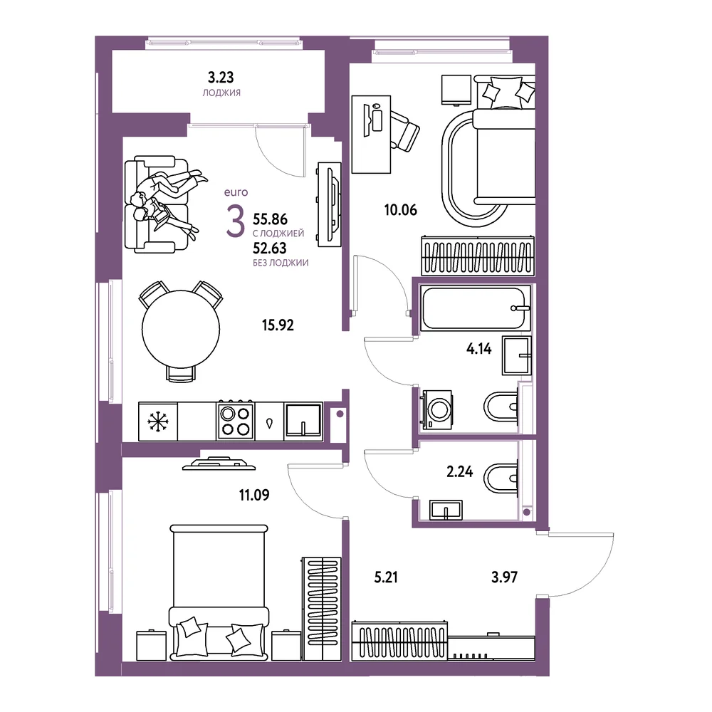 Планировка: Домашний 3-комнатная 55,86м²
