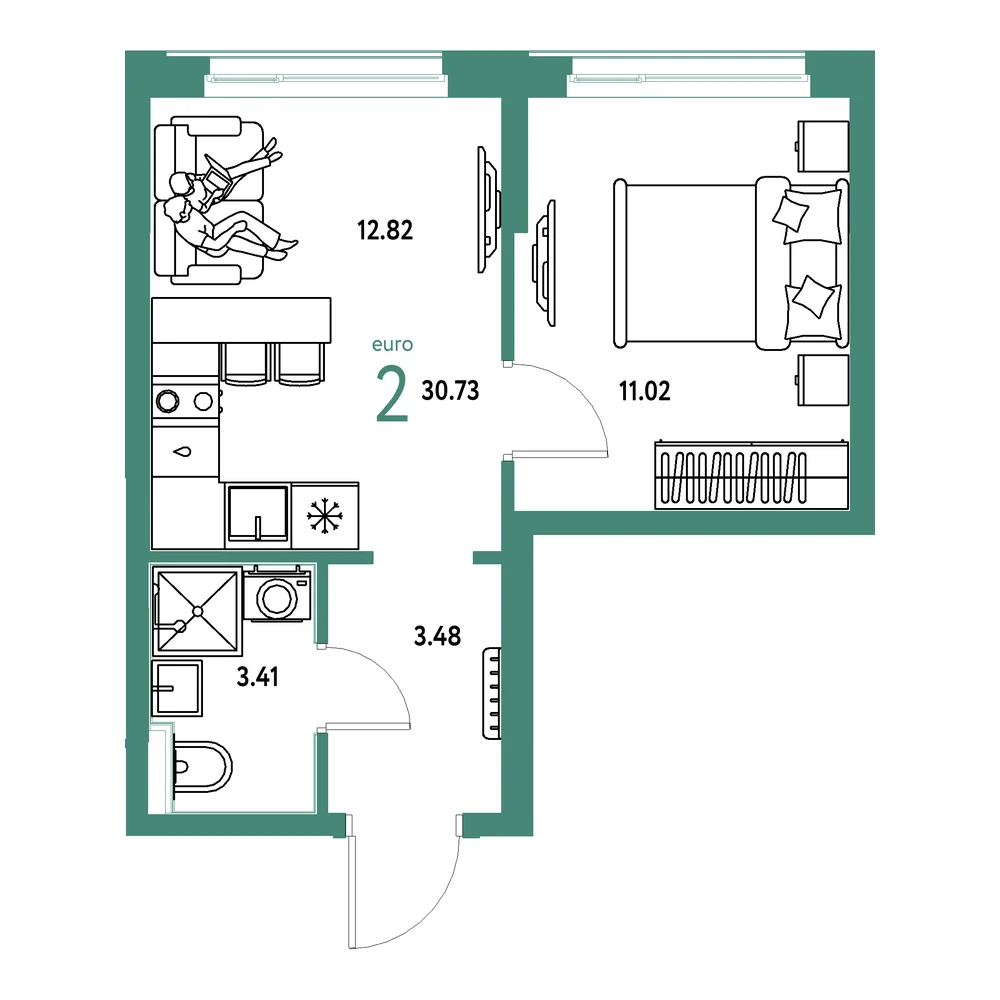 Планировка: Домашний 2-комнатная 30,73м²
