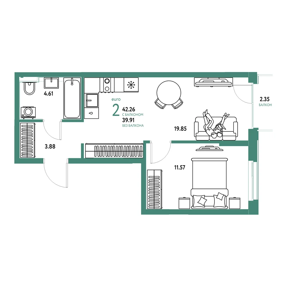 Планировка: Домашний 2-комнатная 42,26м²