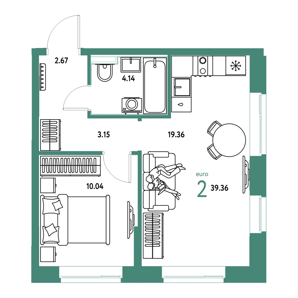 Планировка: Домашний 2-комнатная 39,36м²