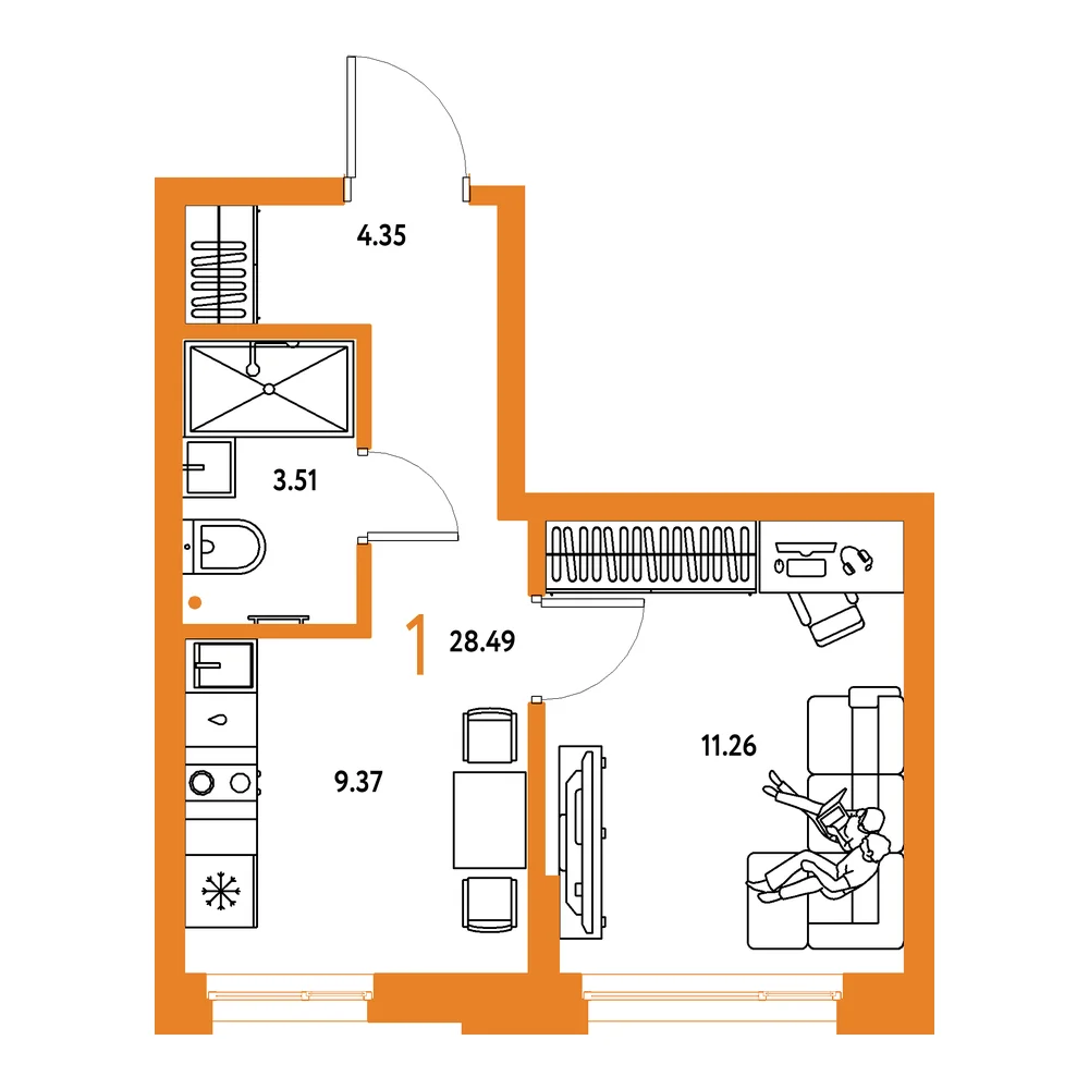 Планировка: Домашний 1-комнатная 28,49м²