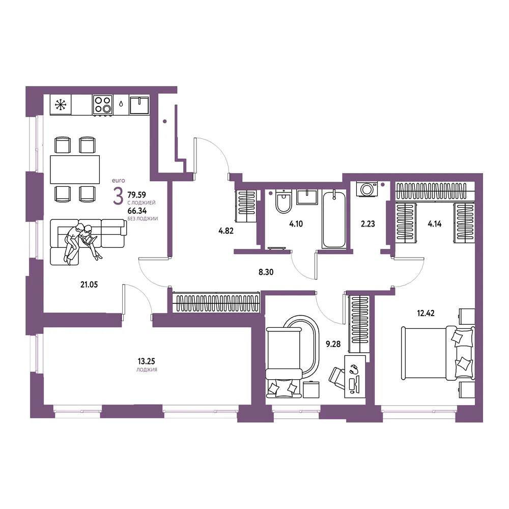 Планировка: Домашний 3-комнатная 79,59м²