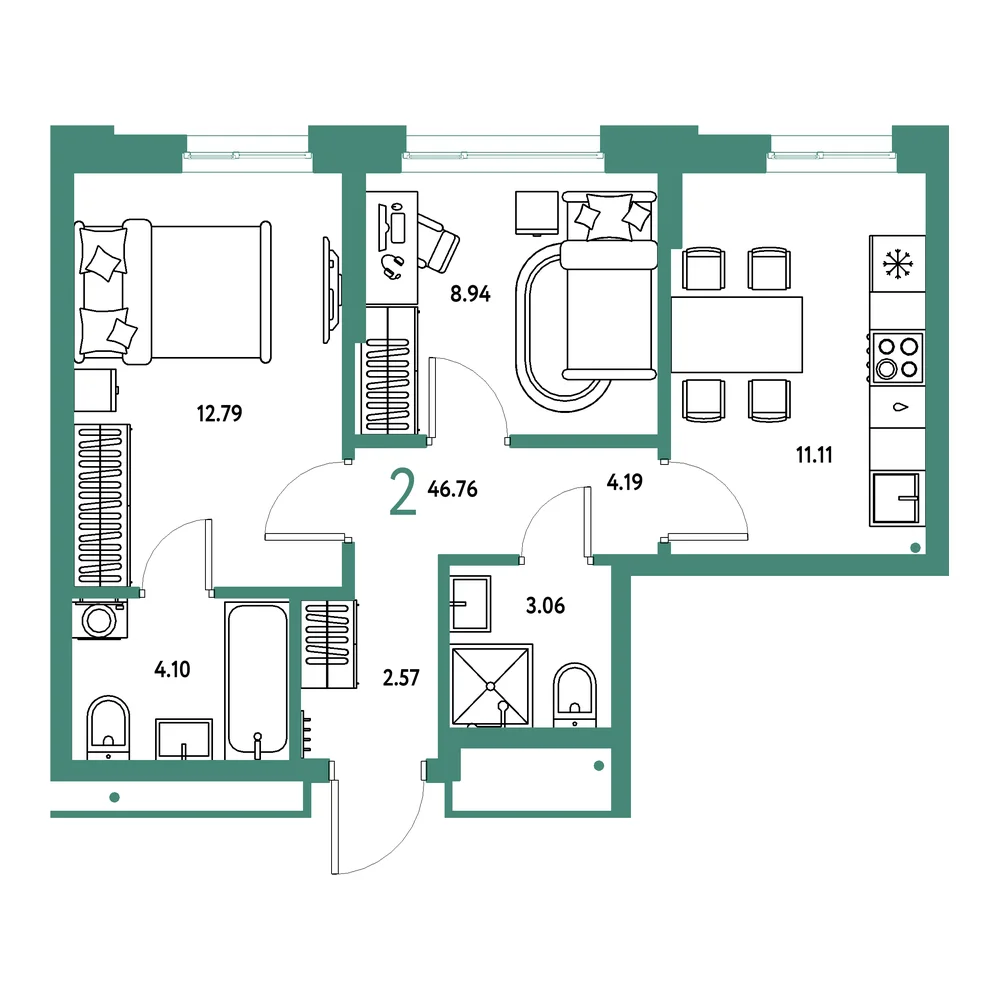 Планировка: Домашний 2-комнатная 46,76м²
