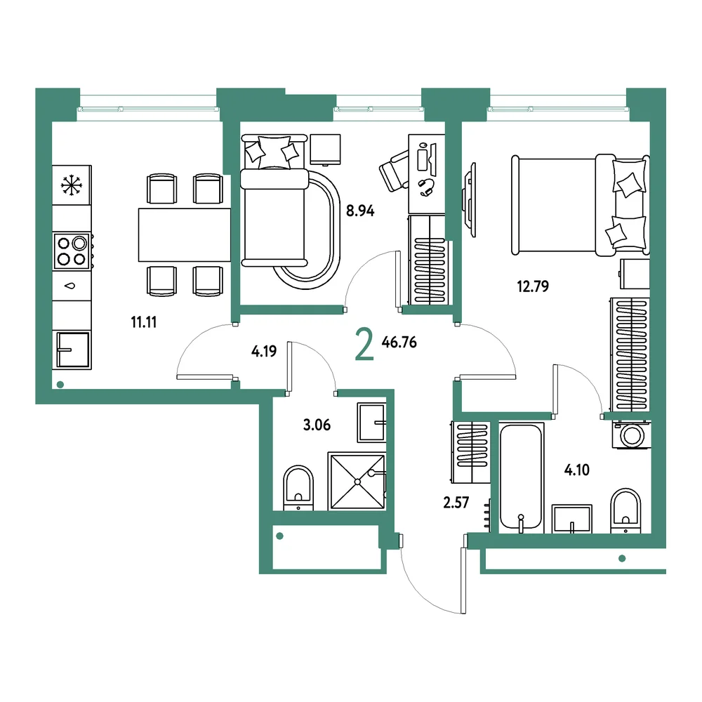 Планировка: Домашний 2-комнатная 46,76м²
