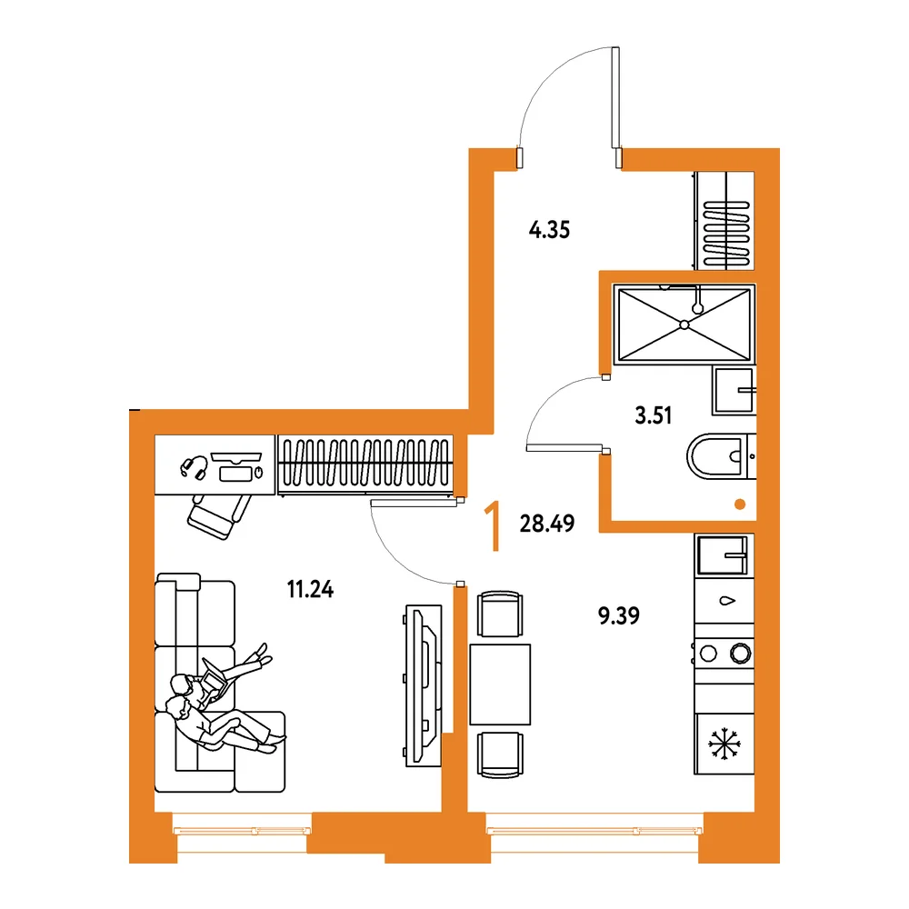 Планировка: Домашний 1-комнатная 28,49м²
