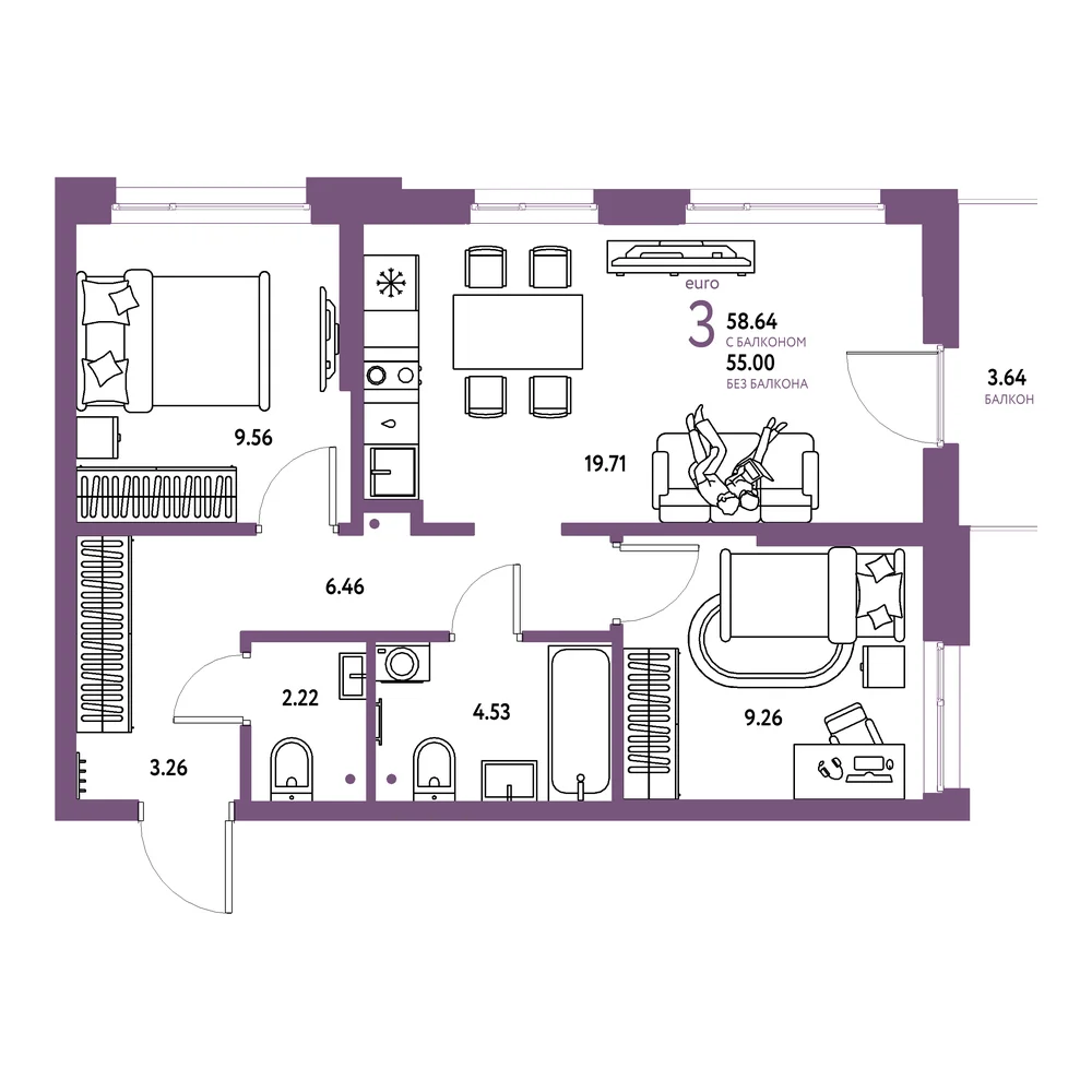 Планировка: Домашний 3-комнатная 58,64м²