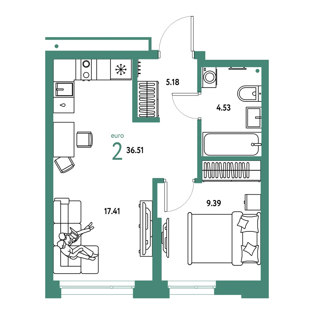 Планировка: Домашний 2-комнатная 36,51м²