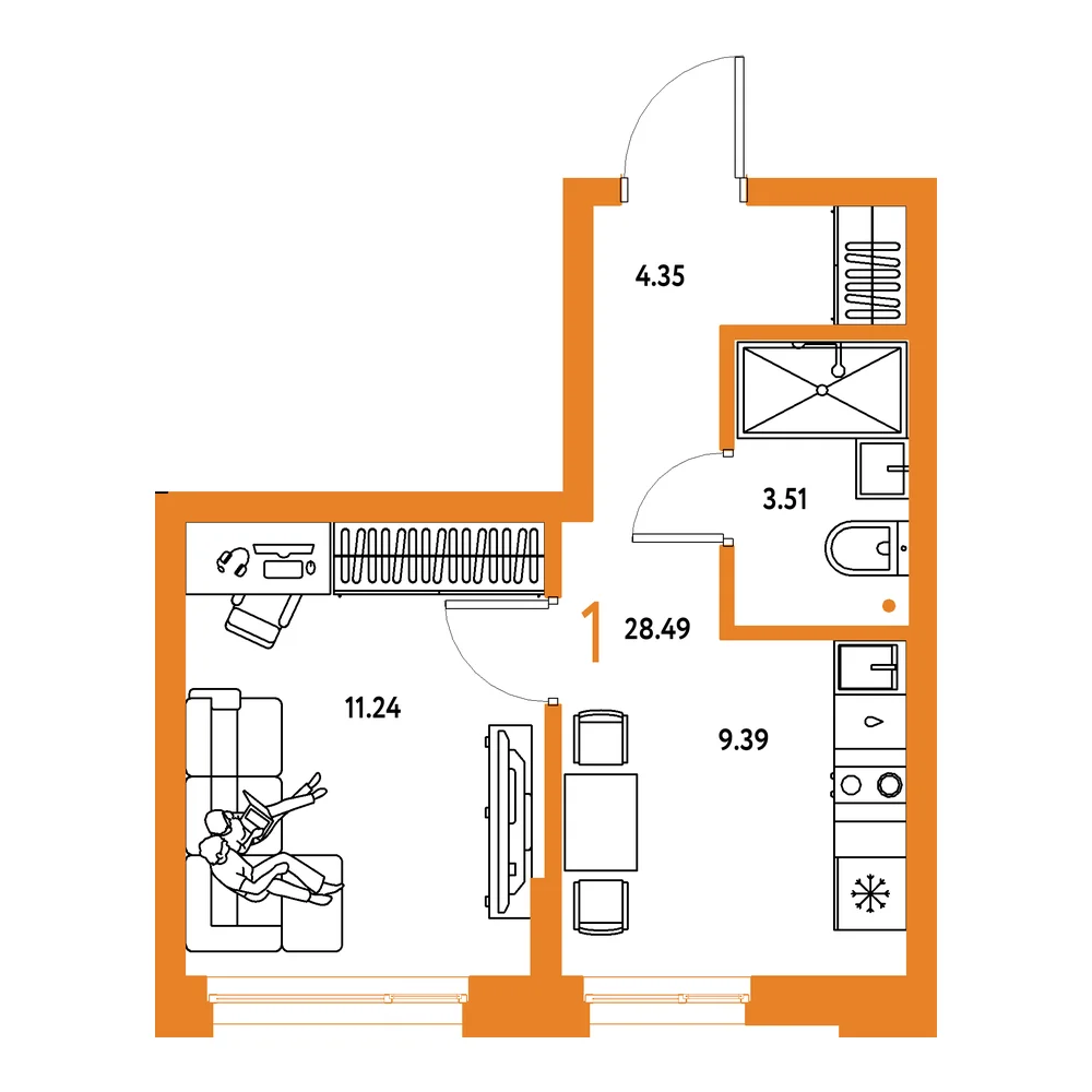 Планировка: Домашний 1-комнатная 28,49м²
