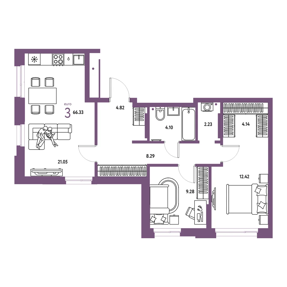 Планировка: Домашний 3-комнатная 66,33м²