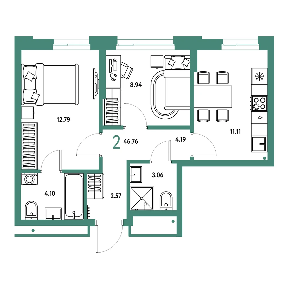 Планировка: Домашний 2-комнатная 46,76м²