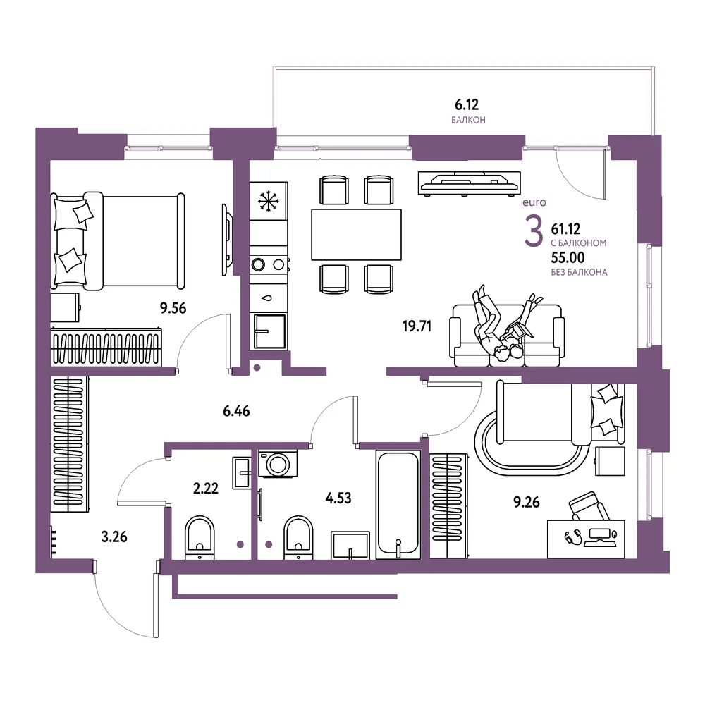 Планировка: Домашний 3-комнатная 61,12м²