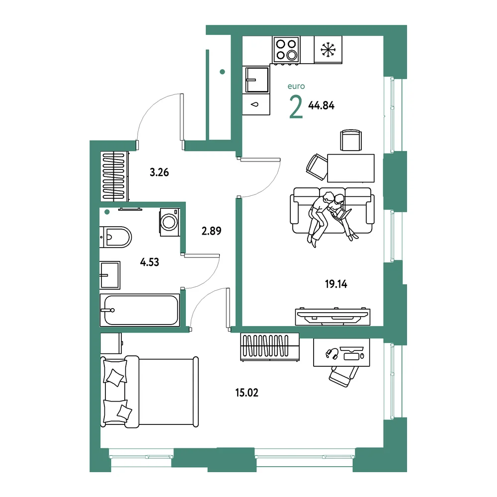 Планировка: Домашний 2-комнатная 44,84м²