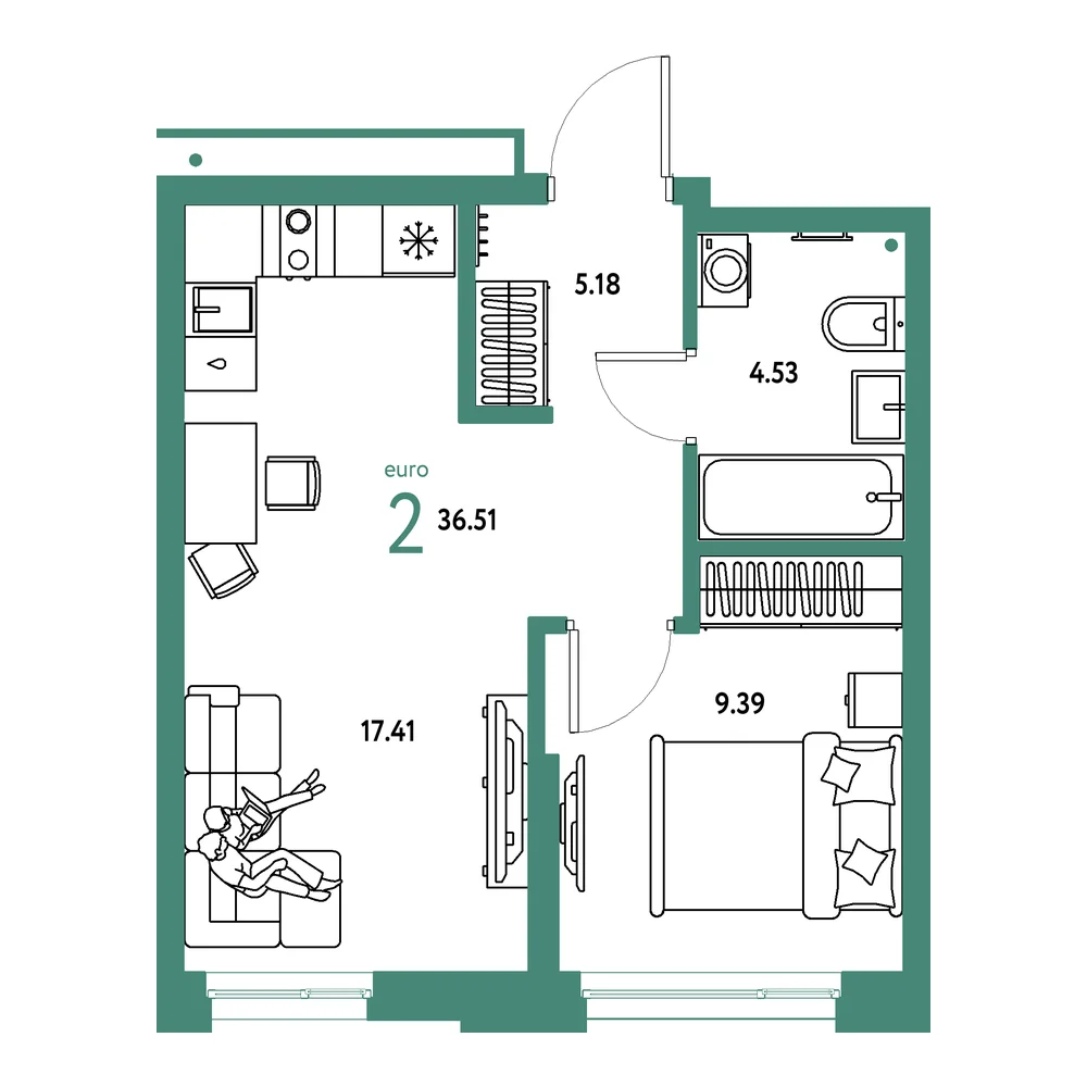 Планировка: Домашний 2-комнатная 36,51м²