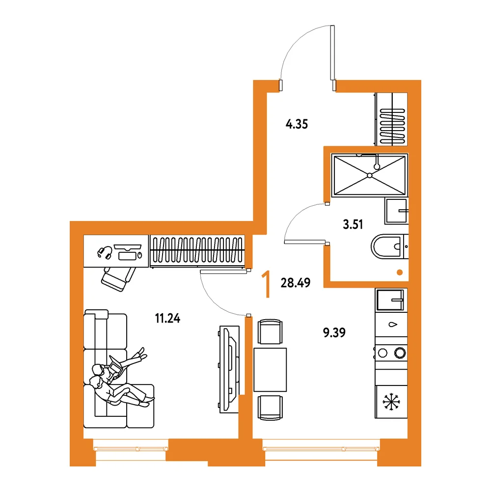 Планировка: Домашний 1-комнатная 28,49м²