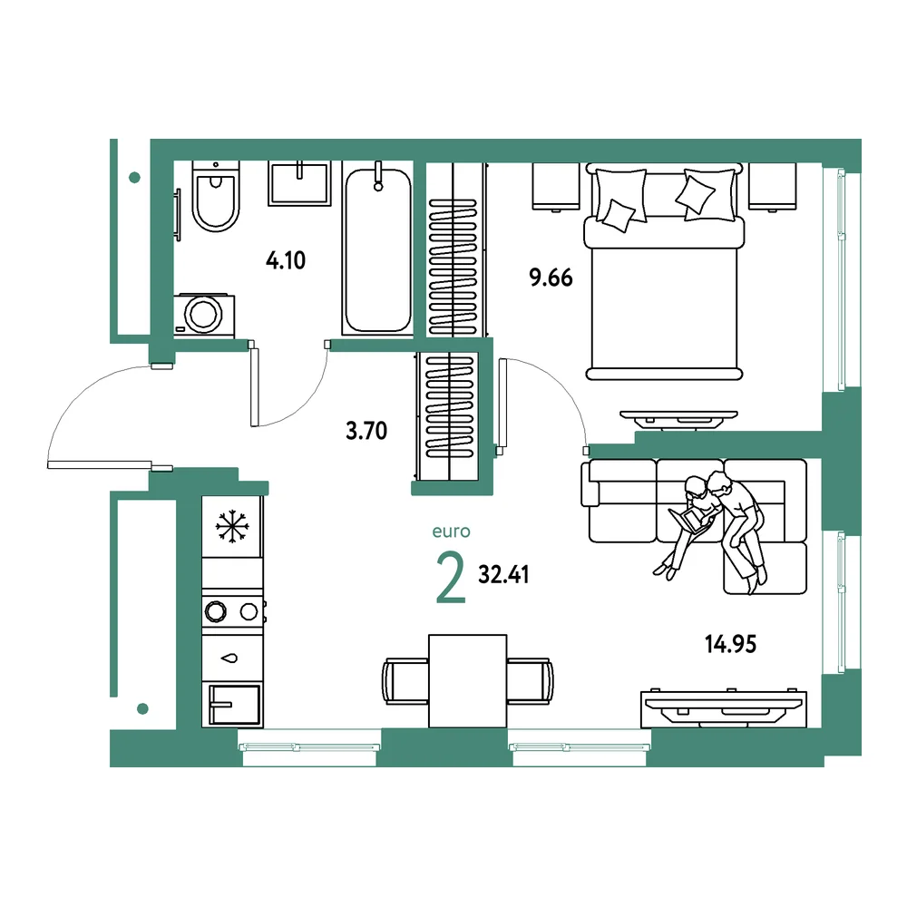 Планировка: Домашний 2-комнатная 32,41м²