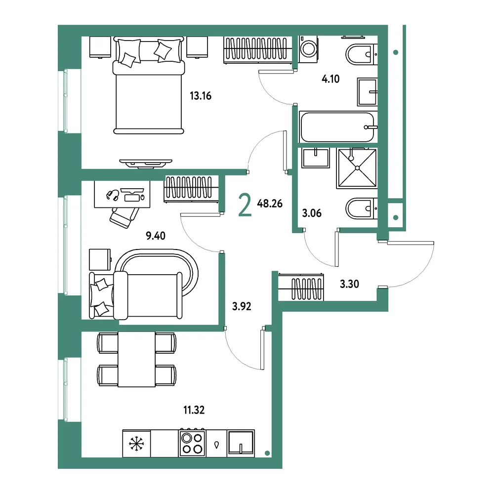 Планировка: Домашний 2-комнатная 48,26м²