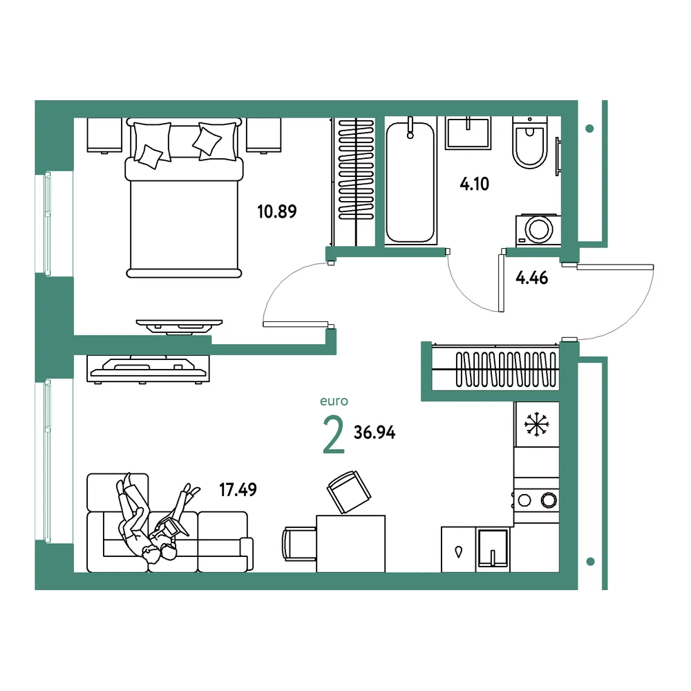Планировка: Домашний 2-комнатная 36,94м²