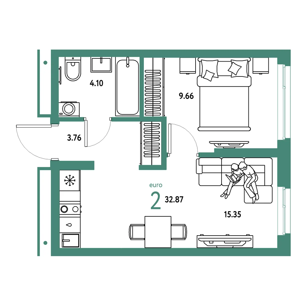 Планировка: Домашний 2-комнатная 32,87м²