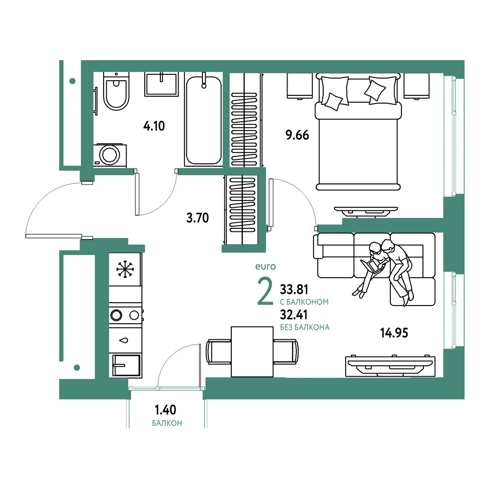 Планировка: Домашний 2-комнатная 33,81м²
