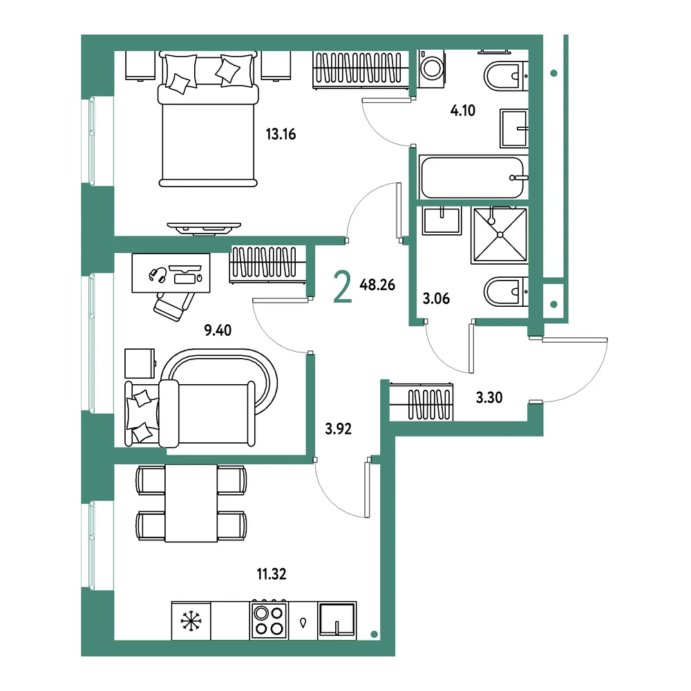 Планировка: Домашний 2-комнатная 48,26м²