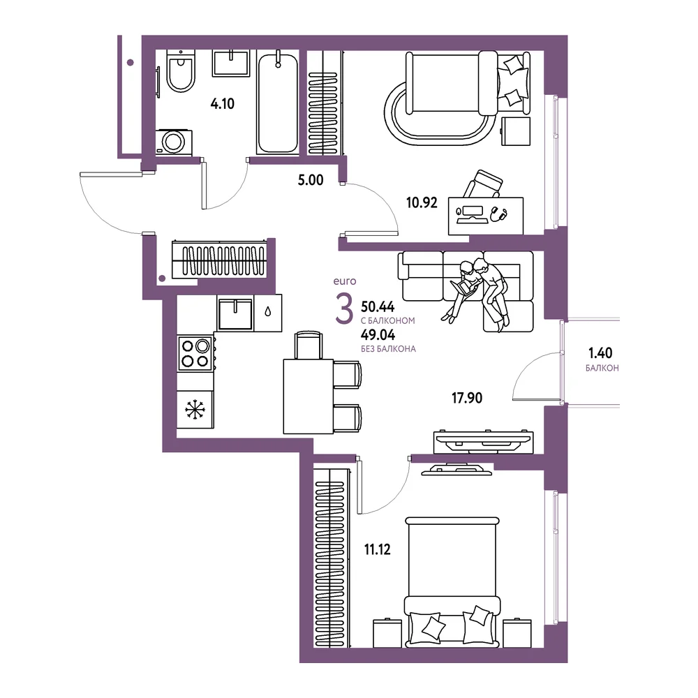 Планировка: Домашний 3-комнатная 50,44м²