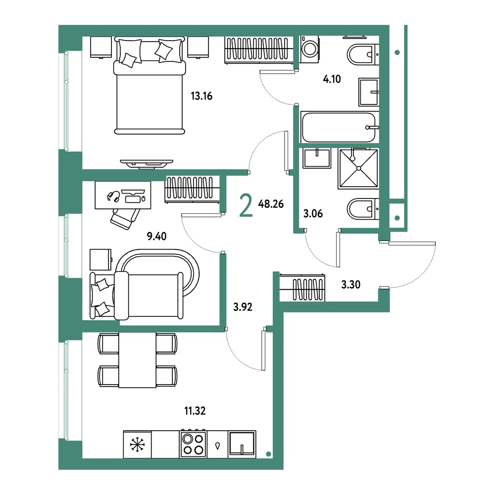 Планировка: Домашний 2-комнатная 48,26м²