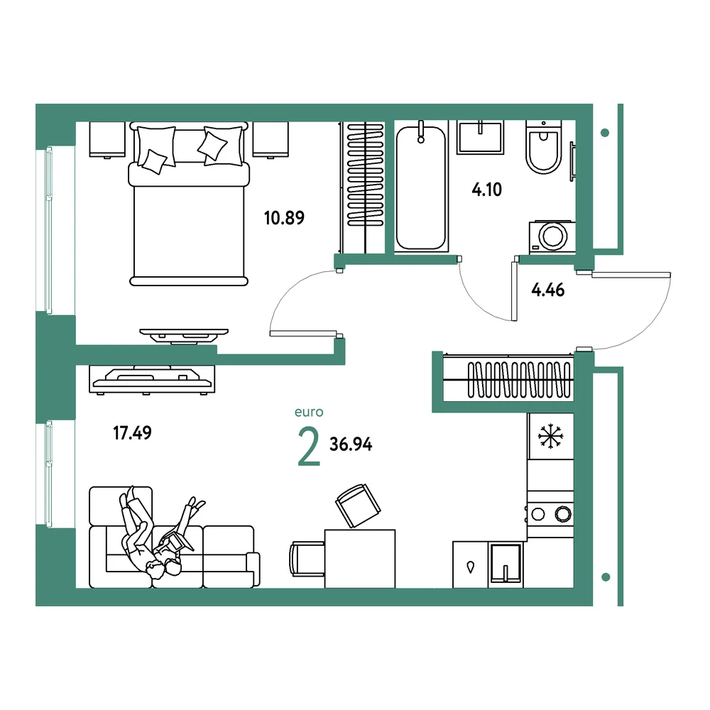 Планировка: Домашний 2-комнатная 36,94м²