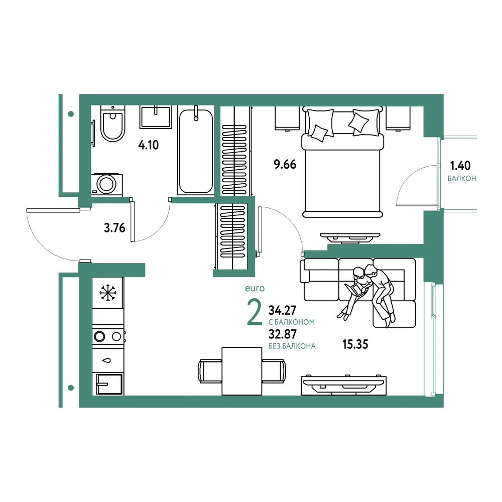 Планировка: Домашний 2-комнатная 34,27м²