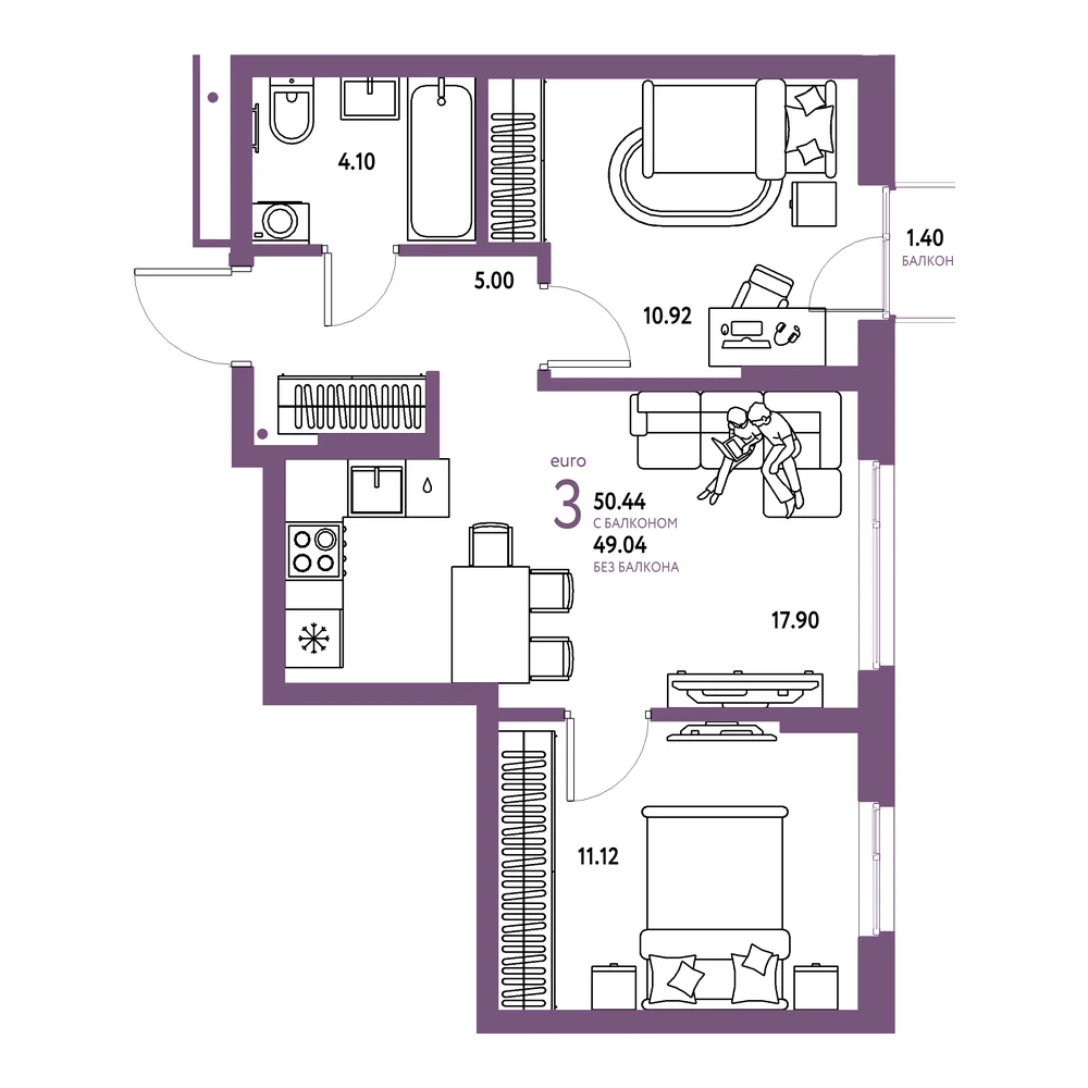 Планировка: Домашний 3-комнатная 50,44м²