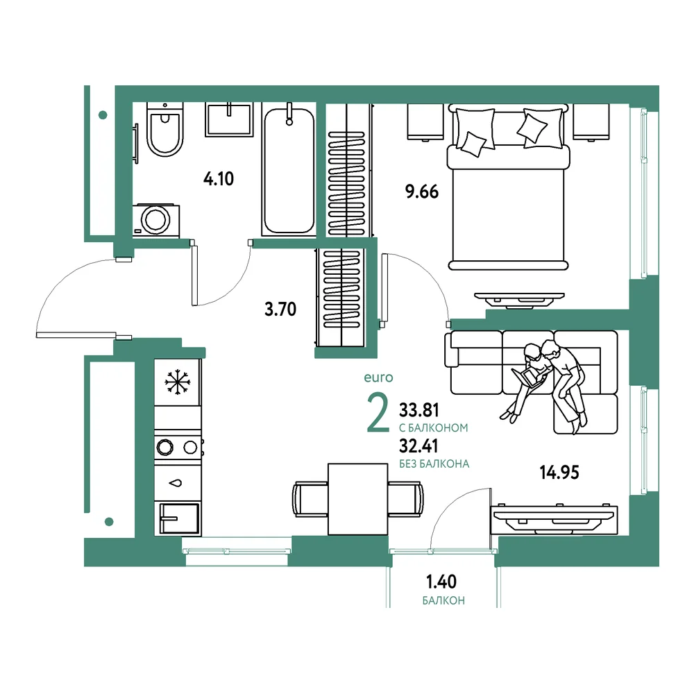 Планировка: Домашний 2-комнатная 33,81м²
