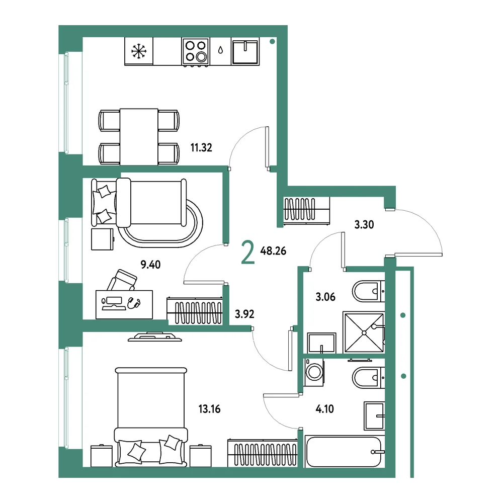 Планировка: Домашний 2-комнатная 48,26м²